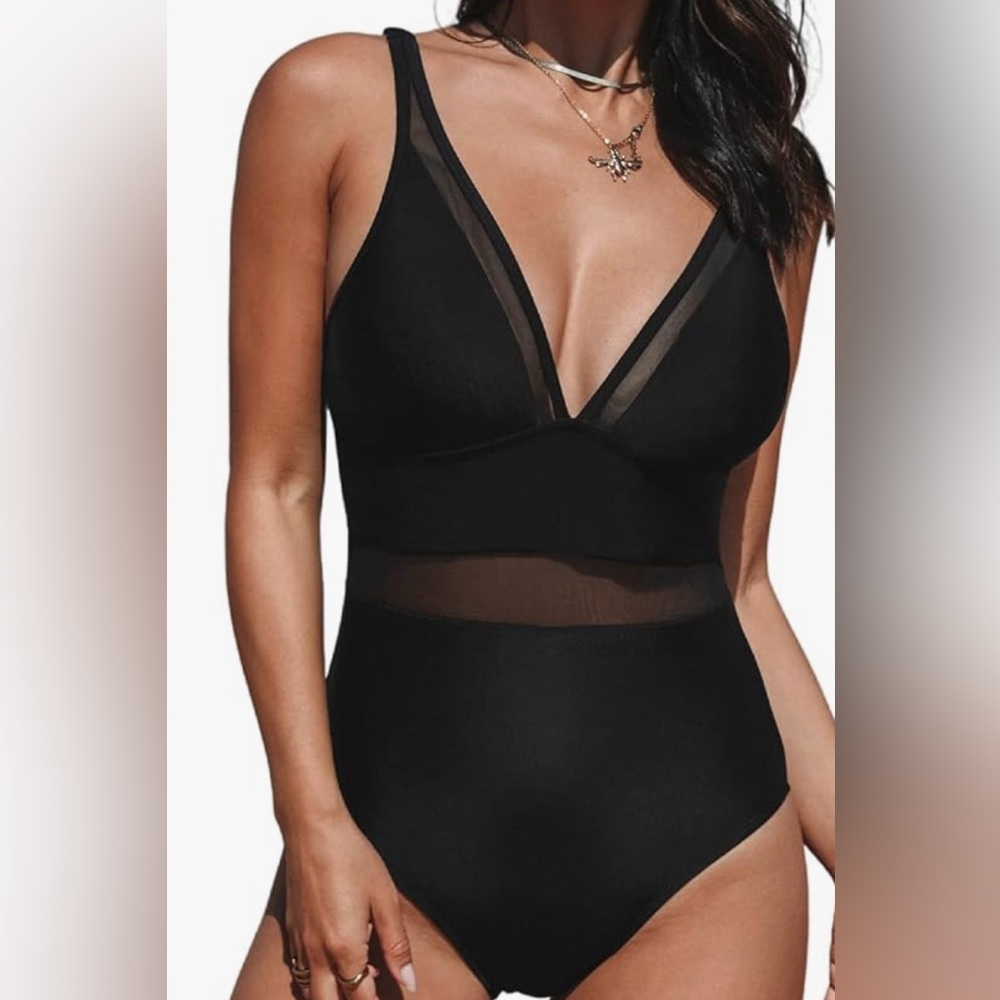 Black Mesh-Detail One-Piece Swimsuit